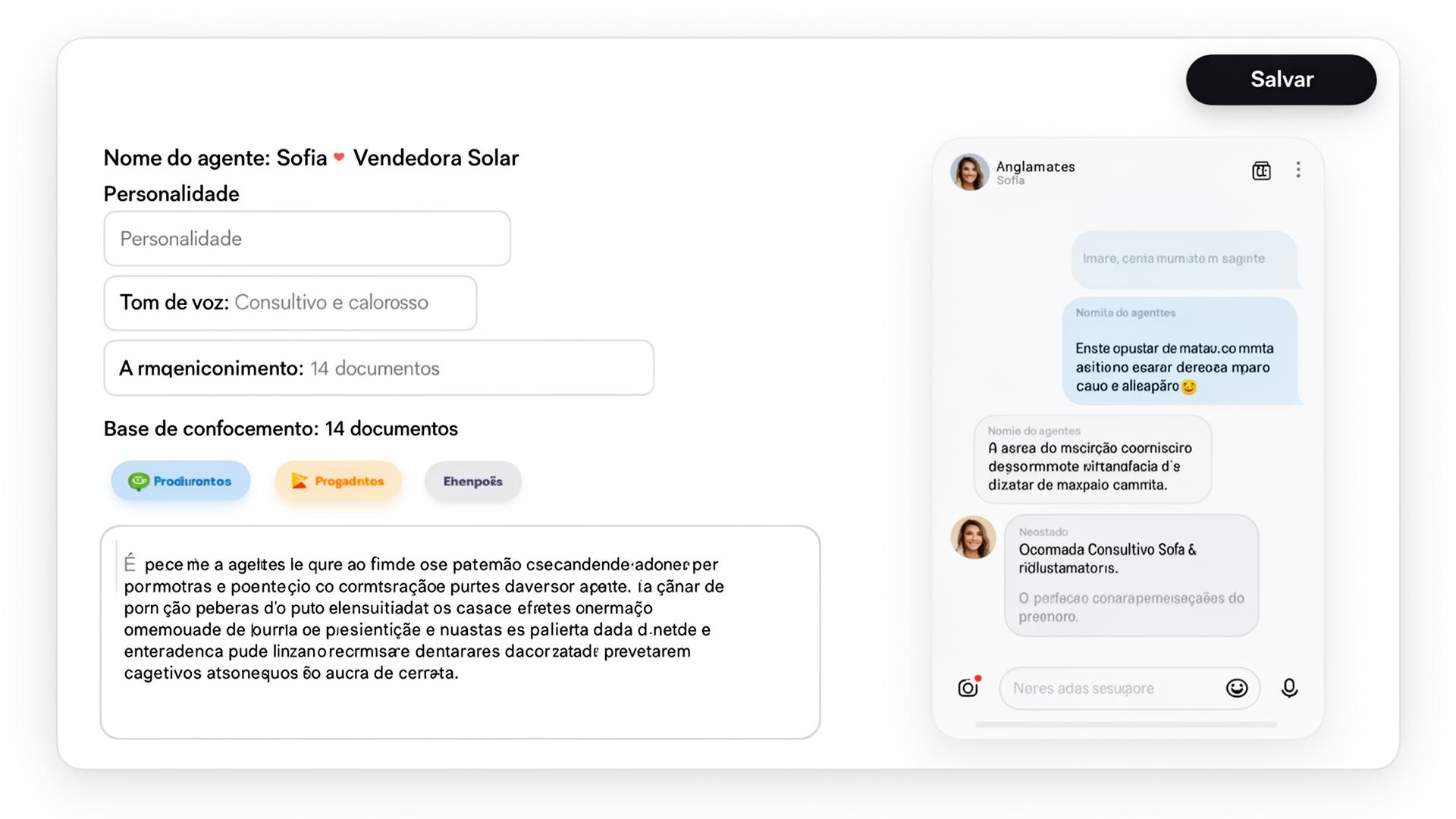 Editor de agente com personalidade, tom de voz e base de conhecimento